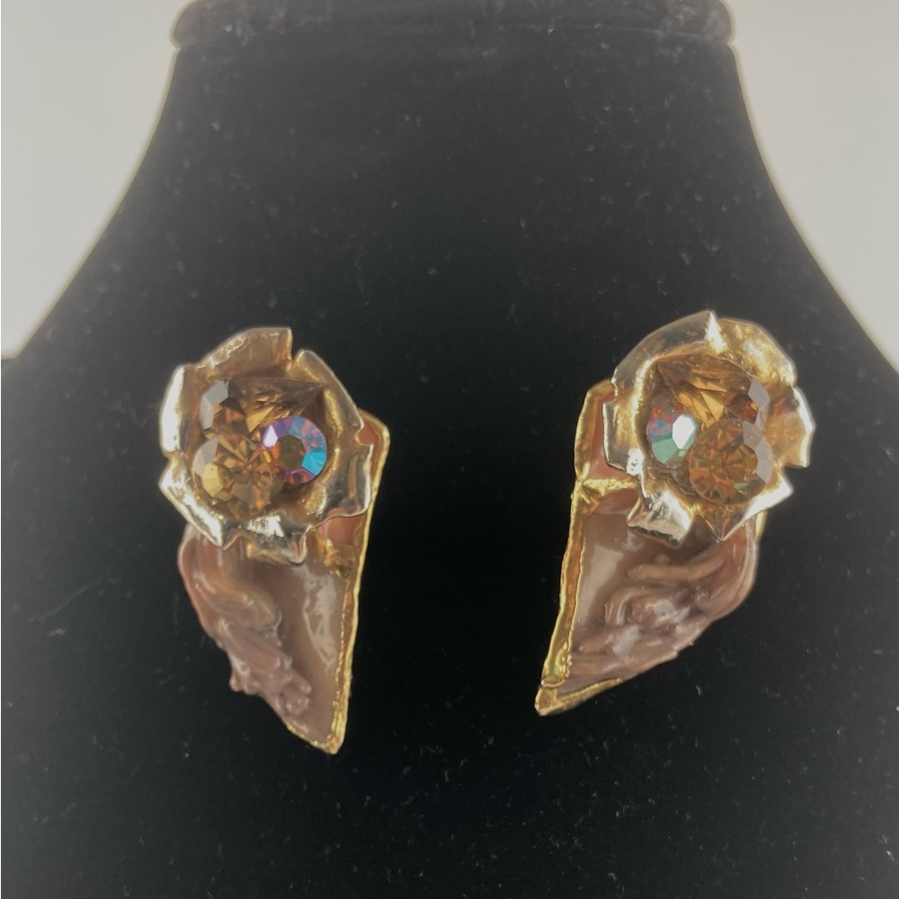 RARE VTG Lacombe 1988 Retro Resin & Crystal Pierced Earrings Abstract Modernist - Picture 2 of 7